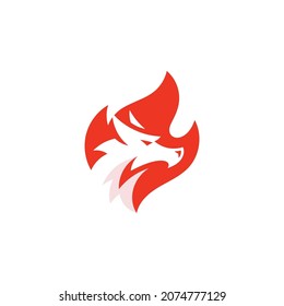 Negative space dragon head silhouette and fire flame vector logo icon