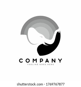 Negative space elephant circle logo template black and grey