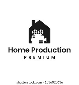 Negative space film reel and home logo design vector. Home production studio logo concept