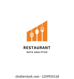 negative space fork, spoon and spatula in chart bar graphic for restaurant data analytic logo icon vector inspiration