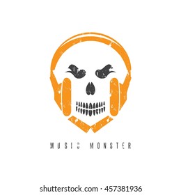 negative space grunge concept with skull monster and headphones