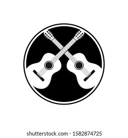 negative space guitar in circle logo design template