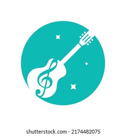 NEGATIVE SPACE GUITAR WITH NOTE AND AQUA COLOR BACKGROUND