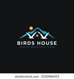 Espaço negativo Logotipo da casa com pássaros voadores, montanha e sol. Modelo de ilustração de vetor de ícone de cabine de montanha de inverno
