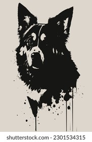 negative space illustration of a dog's head that looks like it was painted in black ink