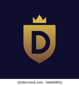 Negative space letter D in shield shape logo.