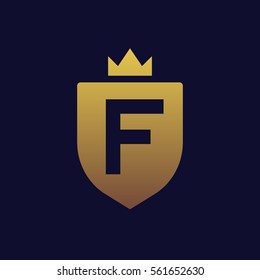 Negative space letter F in shield shape logo.