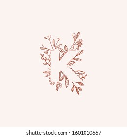 Negative Space Letter With Flowers Vector Illustration. Isolated Letter K Made Of Flowers In Elegant Style. Outline Of The Eleventh Letter Of Alphabet With Thin Floral Background