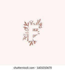 Negative space letter with flowers vector illustration. Isolated letter F made of flowers in elegant style. Outline of the sixth letter of alphabet with thin floral background