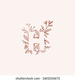 Negative space letter with flowers vector illustration. Isolated letter H made of flowers in elegant style. Outline of the eighth letter of alphabet with thin floral background