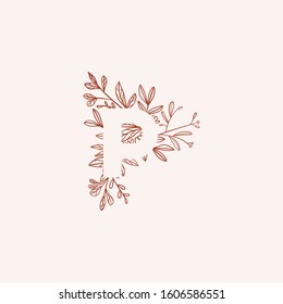 Negative space letter with flowers vector illustration. Isolated letter P made of flowers in elegant style. Outline of the seventh letter of alphabet with thin floral background