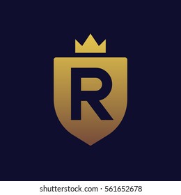 Negative space letter R in shield shape logo.