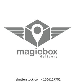 Negative space of location icon inside box with wings can be used as android application for delivery business company logo or other promotional material