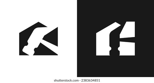 negative space logo with a combination of a house and a hammer for a home renovation logo.