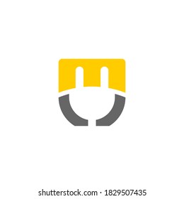 negative space logo from an electrical plug in a geometric shape, forming the letter m