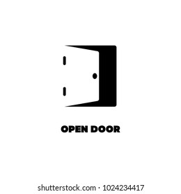 Negative space logo of open door. Black silhouette logotype