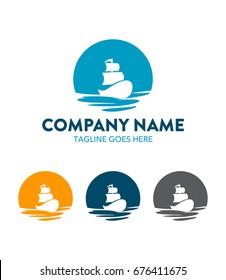 Negative space logo template of boat and the sea