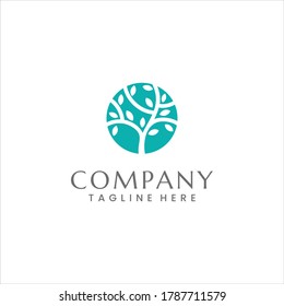 Negative space logo of a tree in a aqua colored circle. Character: calm, relaxed, modern, timeless, organic and natural. Suitable for organic food, make up, environmental, nature conservation, etc