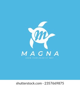 Negative space M letter on turtle shell icon. Elegant M monogram logo design concept