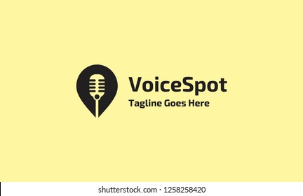 negative space microphone stand in pin location shape for voice spot logo icon vector inspiration