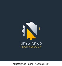 Negative Space N Letter Logo, Techno Hexagonal Gear Vector Design Logo Template