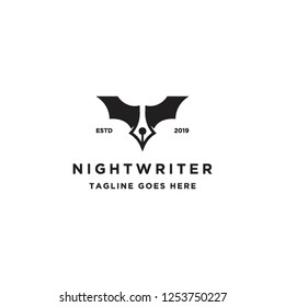 negative space pen with bat wings for night writer logo icon vector inspiration