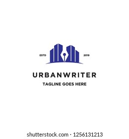 negative space pen writing and urban city building logo icon vector inspiration