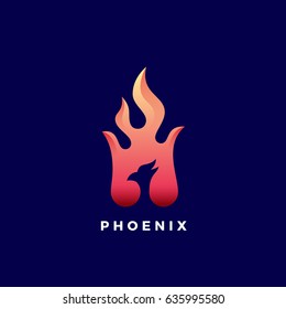 Negative Space Phoenix Flame Abstract Vector Sign, Symbol or Logo Template. Vibrant Color Gradients. Isolated on Dark Background.