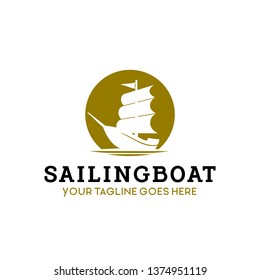 negative space sailing boat, ship silhouette on circle shape logo design vector template illustration.