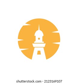 negative space sunset with lighthouse logo design, vector graphic symbol icon illustration creative idea