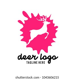 Negative space vector of running deer inside a splash circle. Abstract silhouette of a deer for stamps, tshirt, emblem, conservation area logo, etc