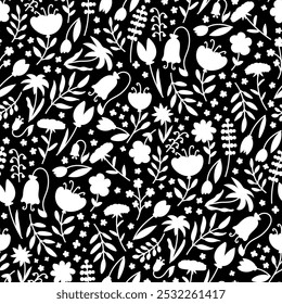 Negative space white silhouettes of flowers and plants seamless pattern on a black background.