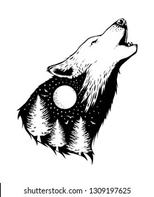 negative space of a wolf with forest background