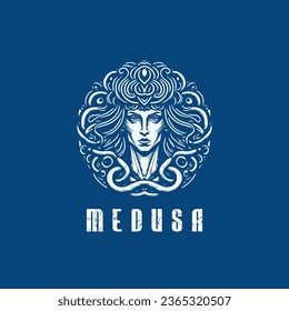 Negative Stamp Circle Character Medusa Logo Design Vector Illustration Template Idea