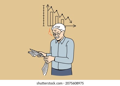 Estadísticas negativas y concepto de malas noticias. Ansioso anciano maduro estresado parado leyendo periódico con estadísticas negativas decrecientes sensación no satisfecho ilustración vectorial 