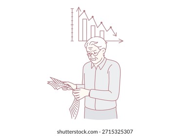 Negative statistics and bad news concept. Angry stressed mature old man standing reading newspaper with negative decreasing statistics feeling not satisfied vector illustration