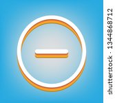 Negative symbol illustration. Minus sign. Vector. White icon with 3d warm-colored gradient body at sky blue background.