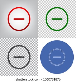 Negative symbol illustration. Minus sign. Vector. 4 styles. Red gradient in radial lighted background, green flat and gray scribble icons on transparent and linear one in blue circle.