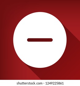 Negative Symbol Illustration. Minus Sign. Vector. White Icon With Limitless Shadow At Ruby Red Background.