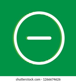 Negative symbol illustration. Minus sign. Vector. White flat icon with yellow striped shadow at green background.