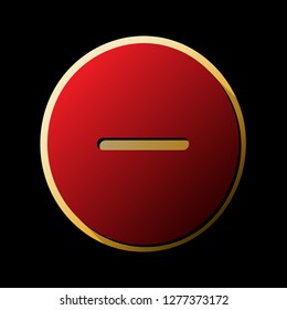 Negative Symbol Illustration. Minus Sign. Vector. Red Icon With Small Black And Limitless Shadows At Golden Sticker On Black Background.