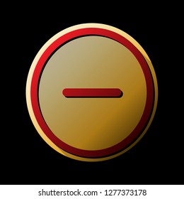 Negative Symbol Illustration. Minus Sign. Vector. Red Icon With Small Black And Limitless Shadows At Golden Sticker On Black Background.