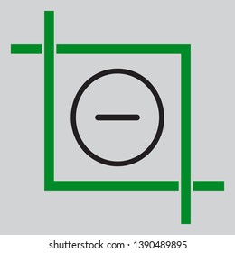 Negative symbol illustration. Minus sign. Black icon inside green crop tool at light gray background