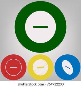 Negative symbol illustration. Minus sign. Vector. 4 white styles of icon at 4 colored circles on light gray background.