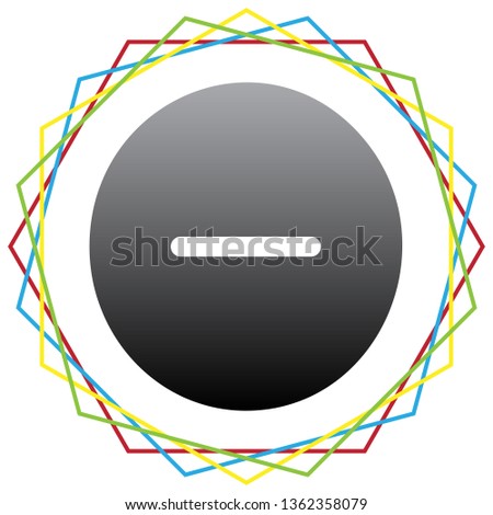 Negative symbol illustration. Minus sign. Vector. Black icon with patch of light inside colorful hexagonal frames at white background.