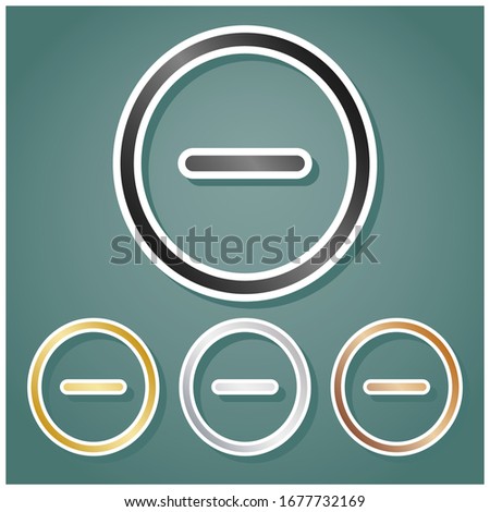 Negative symbol illustration. Minus sign. Set of metallic Icons with gray, gold, silver and bronze gradient with white contour and shadow at viridan background. Illustration.