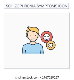 Negative symptoms color icon.Emotional expression lack. Inexpressive face,lack of eye contact, restricted facial expressions.Schizophrenia symptoms concept. Isolated vector illustration
