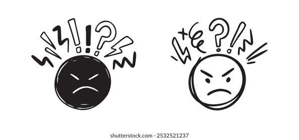 Negative thinking, bad experience feedback Hand drawn icon, unhappy client doodle, difficult customer, angry face, poor service quality, mad emoticon. Vector illustration