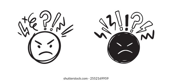 Pensamiento negativo, mala experiencia Comentarios Icono dibujado a mano, garabato de cliente infeliz, Cliente difícil, cara enojada, mala calidad de servicio, emoticono loco. Ilustración vectorial