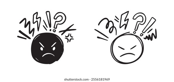 Negative thinking, bad experience feedback Hand drawn icon, unhappy client doodle, difficult customer, angry face, poor service quality, mad emoticon. Vector illustration